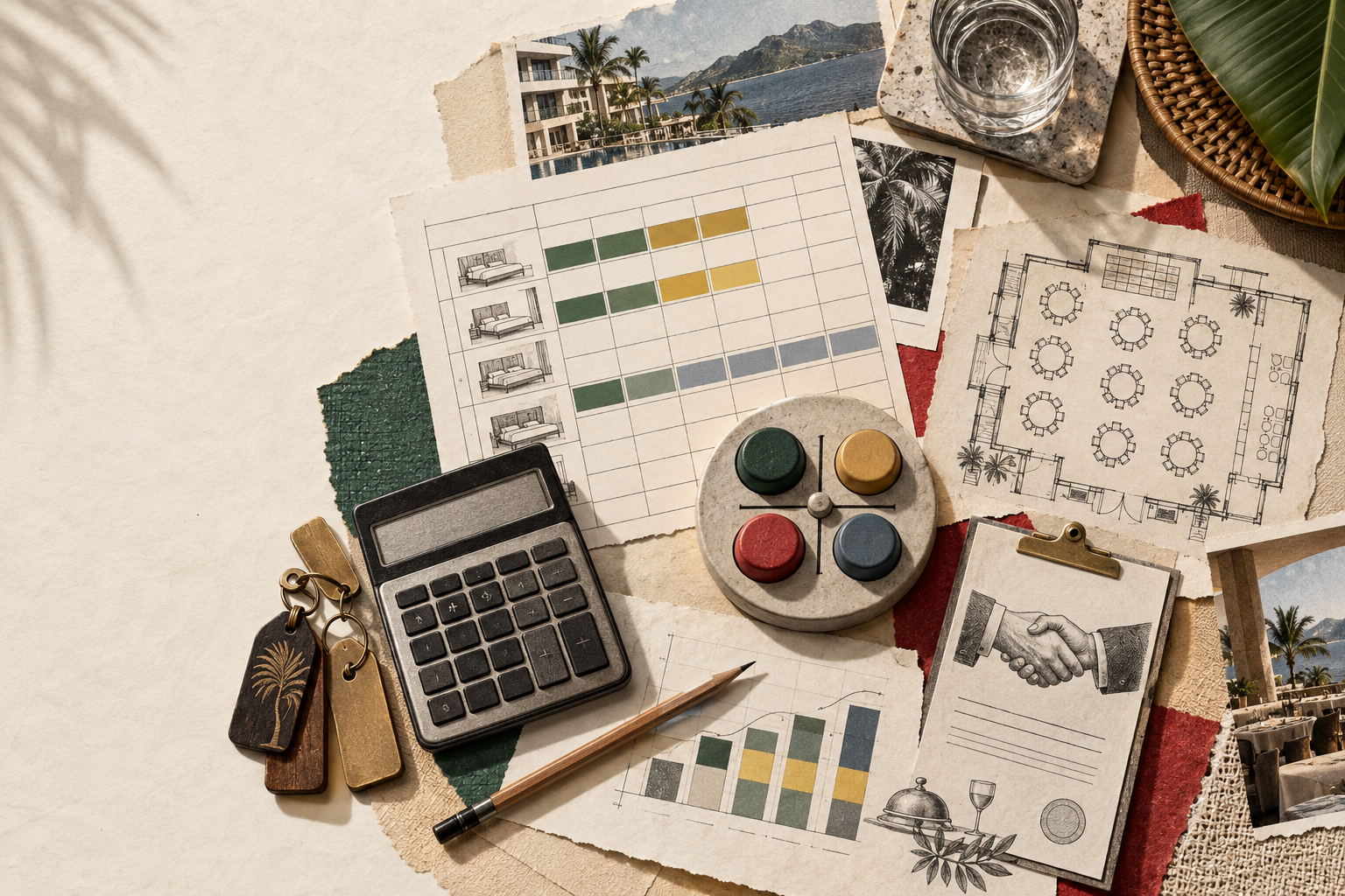 Mesa de análisis de grupos con calculadora, rooming list y planos de evento